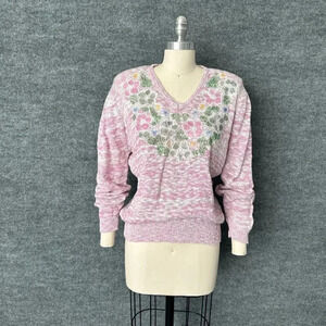 Vintage Floral Sweater Womens Small Pink Pastel Modest V-Neck 80s Pullover